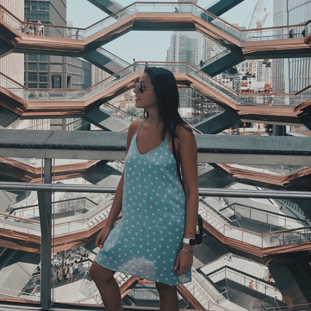 Blue + White square shift dress